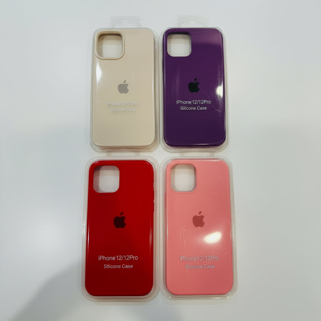 Four phone cases in red, beige, pink, and purple on a white background