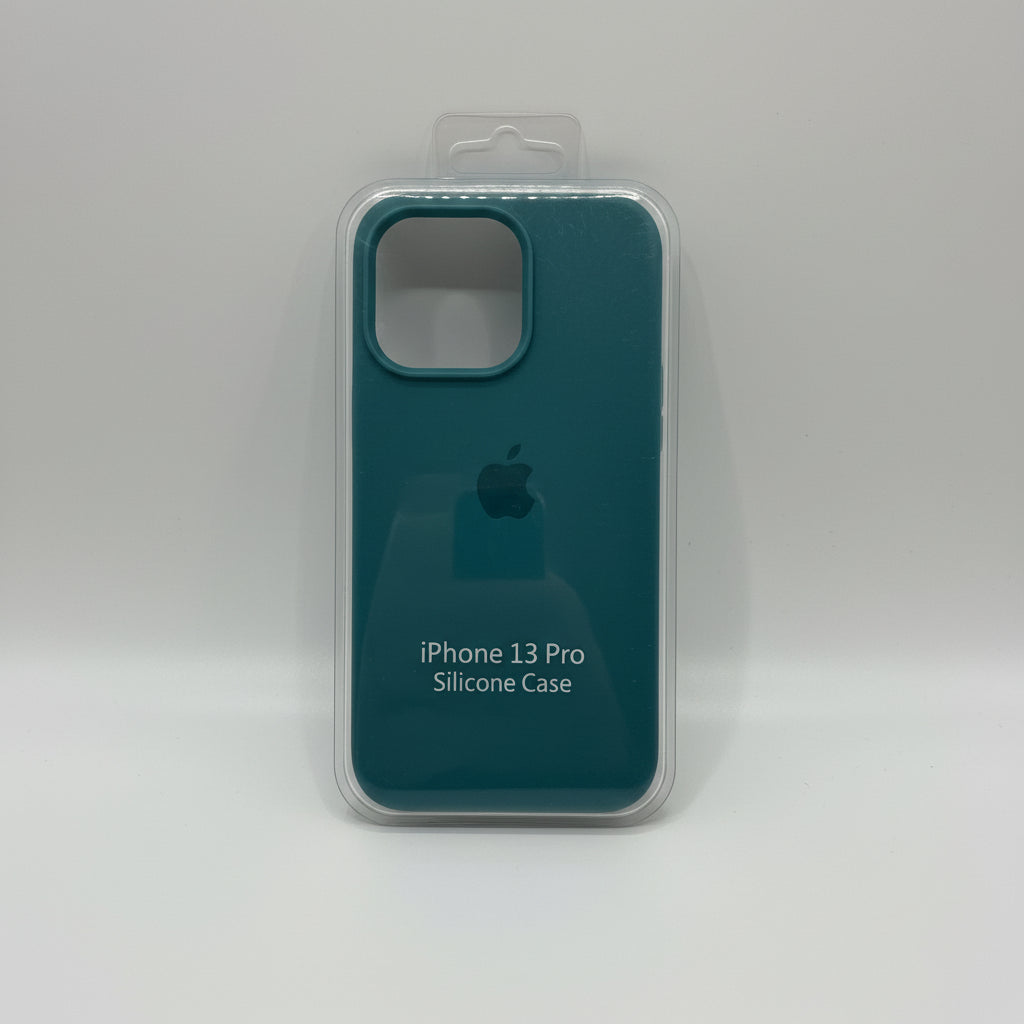 Teal silicone case for iPhone 13 Pro in packaging on a white background
