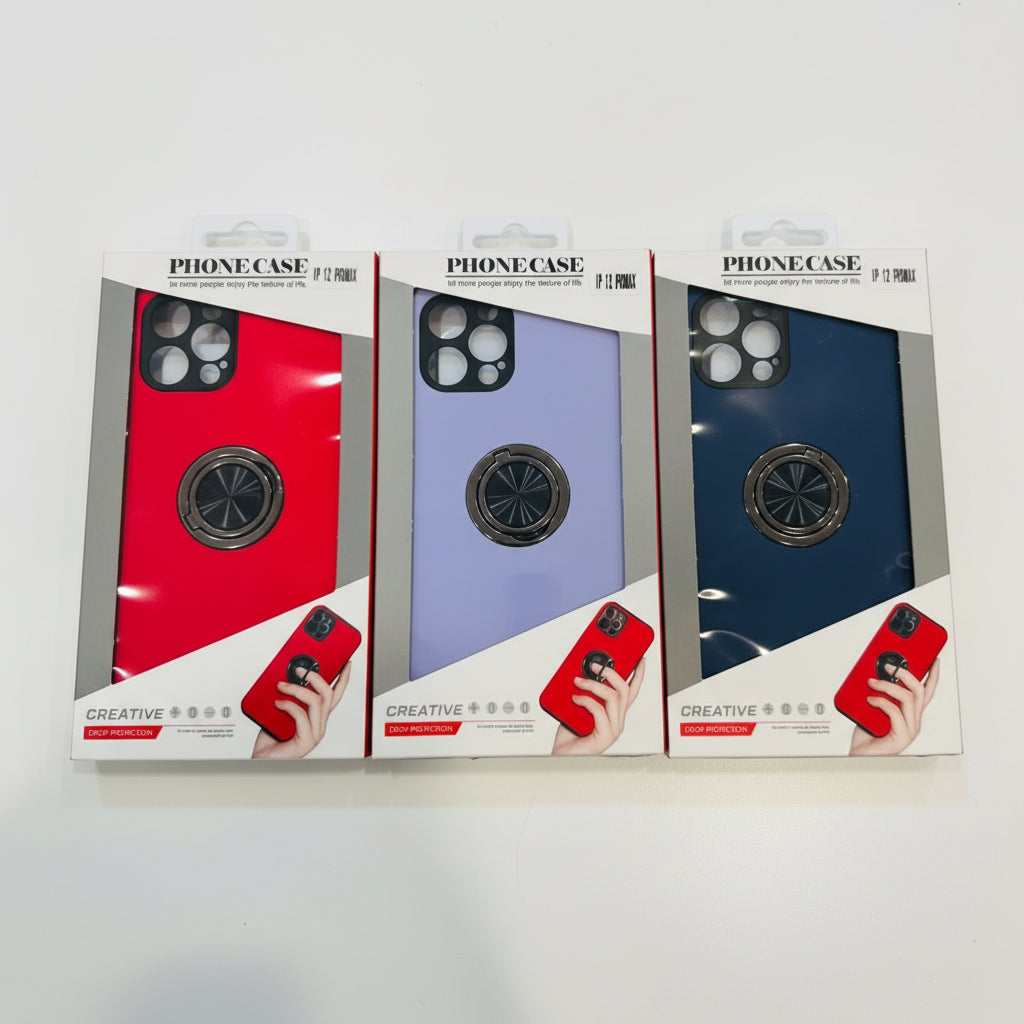 Three smartphone cases with different color schemes on a white background
