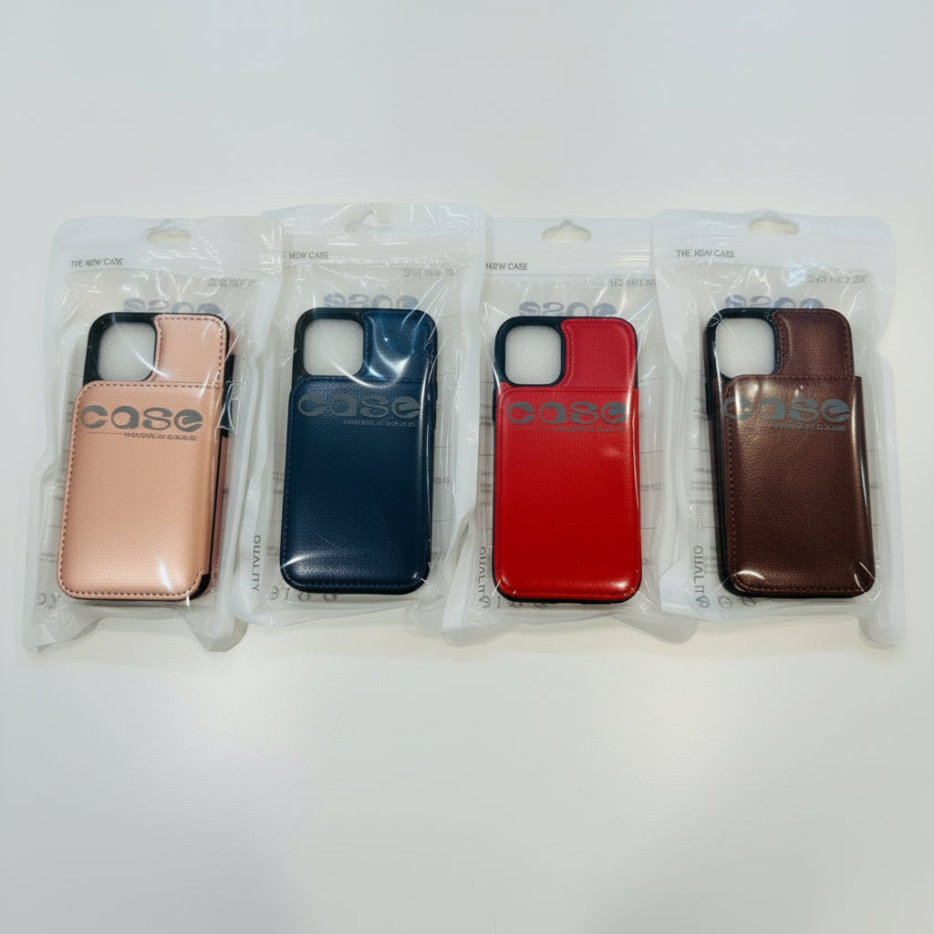 Four phone cases in different colors (brown, blue, red, black) on a white background.