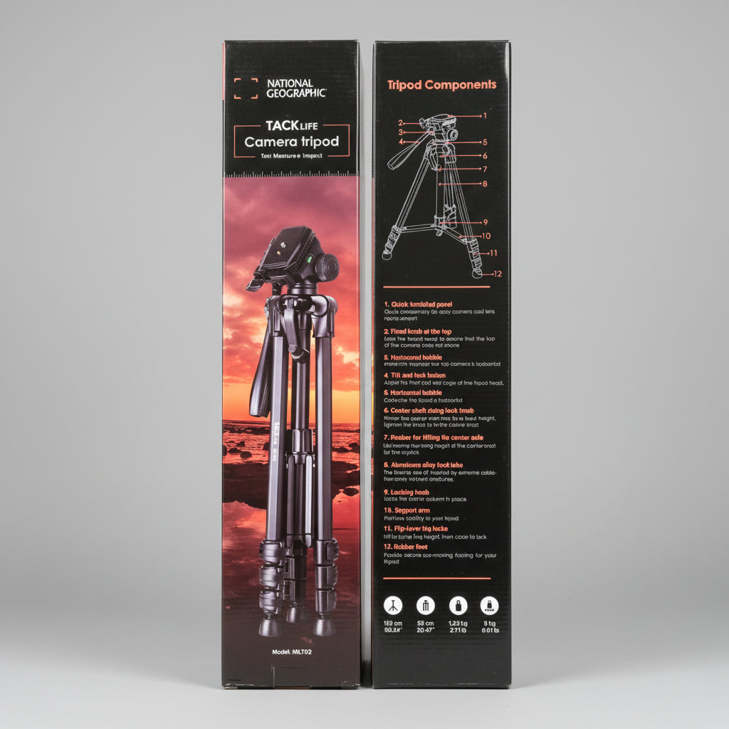 Two National Geographic camera tripod packaging boxes on a wooden surface.