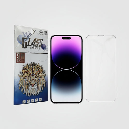Tempered glass screen protector packaging with a phone displaying the screen protector.