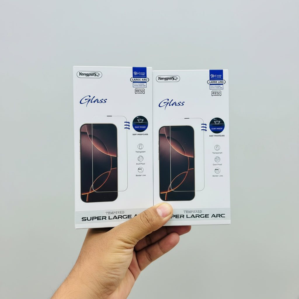 Two boxes of Yangpaulz glass screen protectors held by a hand with a blurred store background.