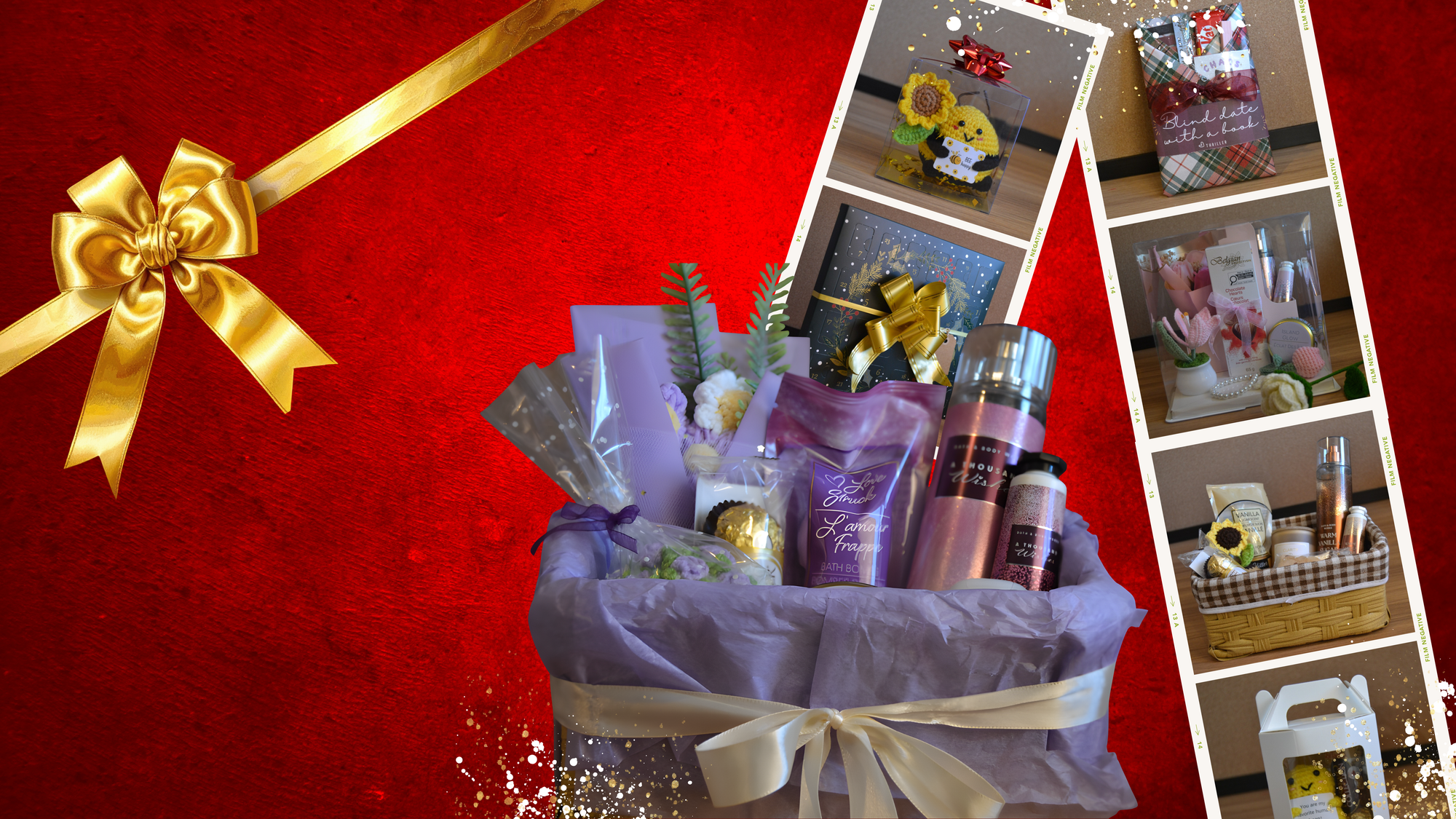Gift basket with products on a red background with a gold bow