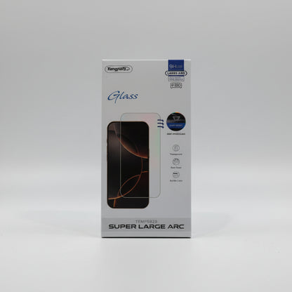 Packaged phone screen protector with 'Super Large Arc' text on a white background