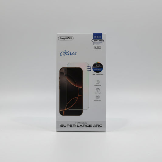 Packaged phone screen protector with 'Super Large Arc' text on a white background