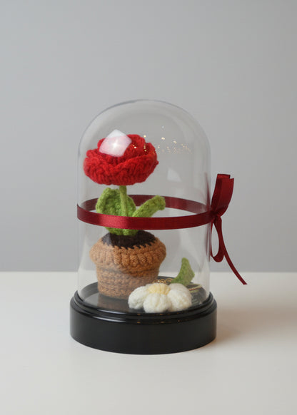 Crocheted red rose in a glass dome with a red ribbon on a white surface.