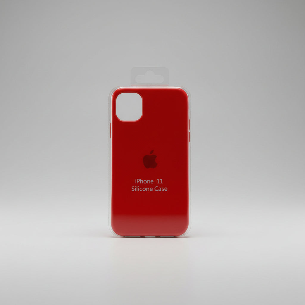 Red silicone case for iPhone 11 with Apple logo on a white background