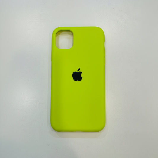 Green silicone case for an iPhone 11 with Apple logo on a white background