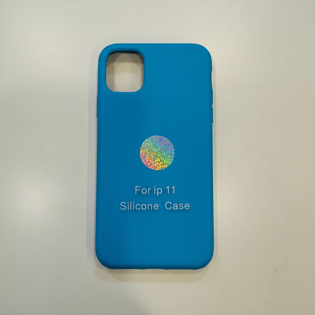 Blue silicone phone case for iPhone 11 on a white background