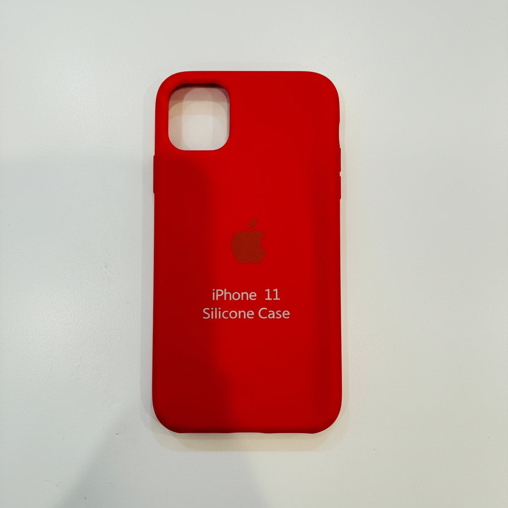 Red silicone case for iPhone 11 with Apple logo on a white background