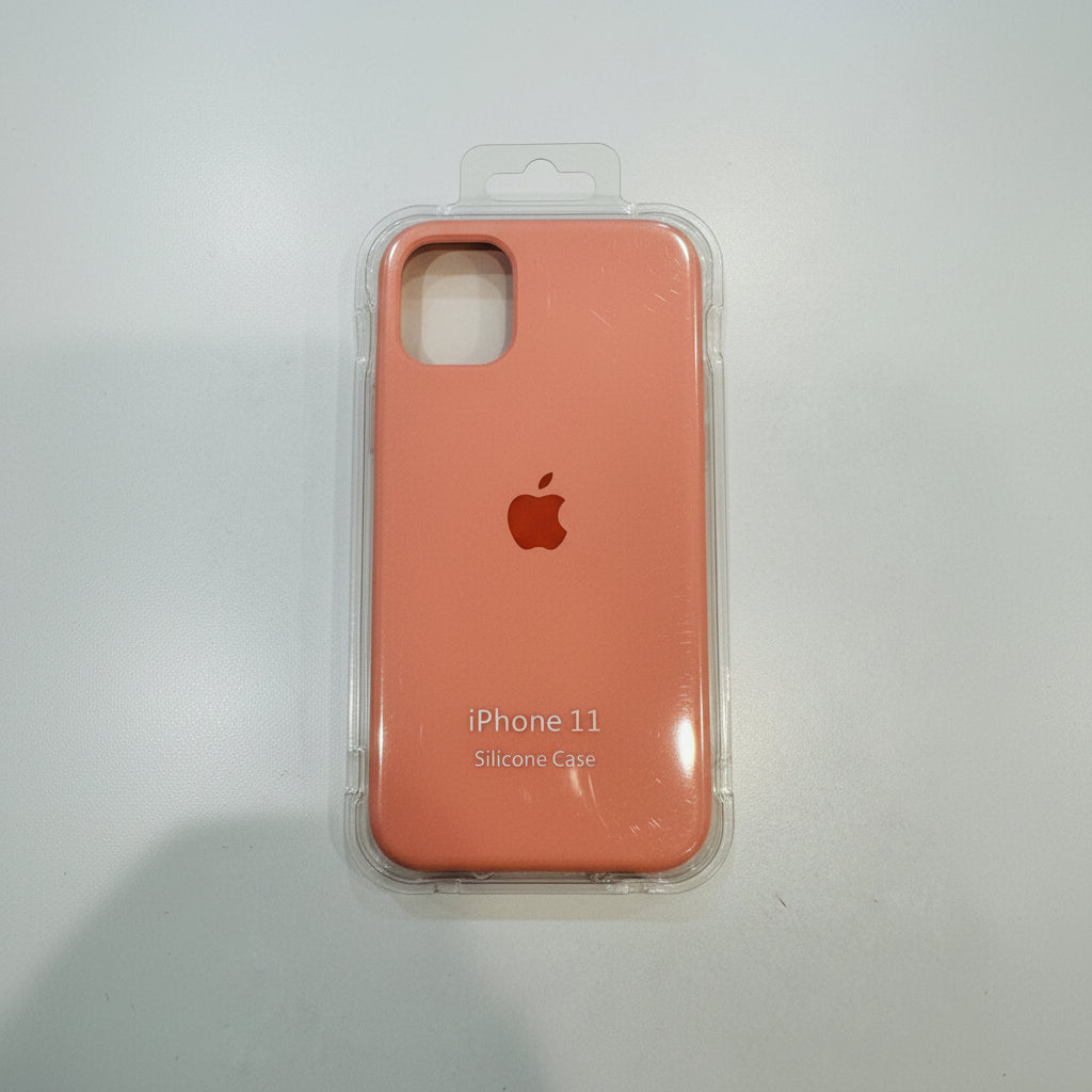 Coral silicone case for iPhone 11 with Apple logo on a white background