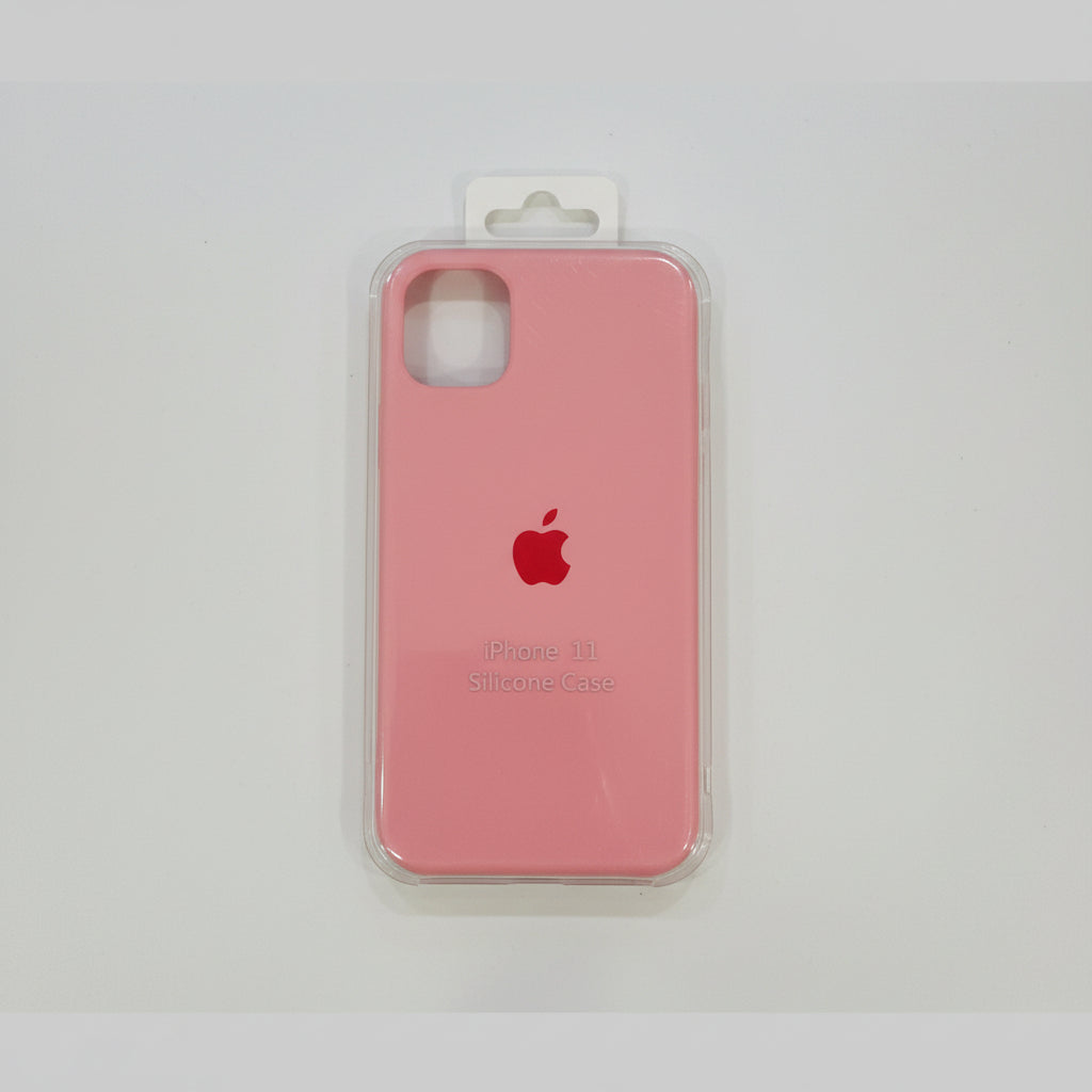 Pink silicone case for iPhone 11 with Apple logo on a white background