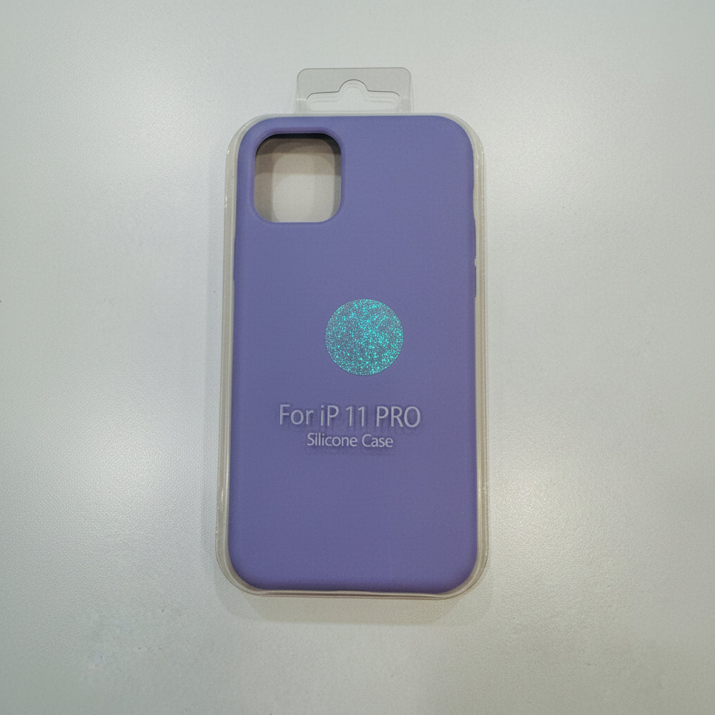 Purple silicone phone case for iPhone 11 Pro on a white background