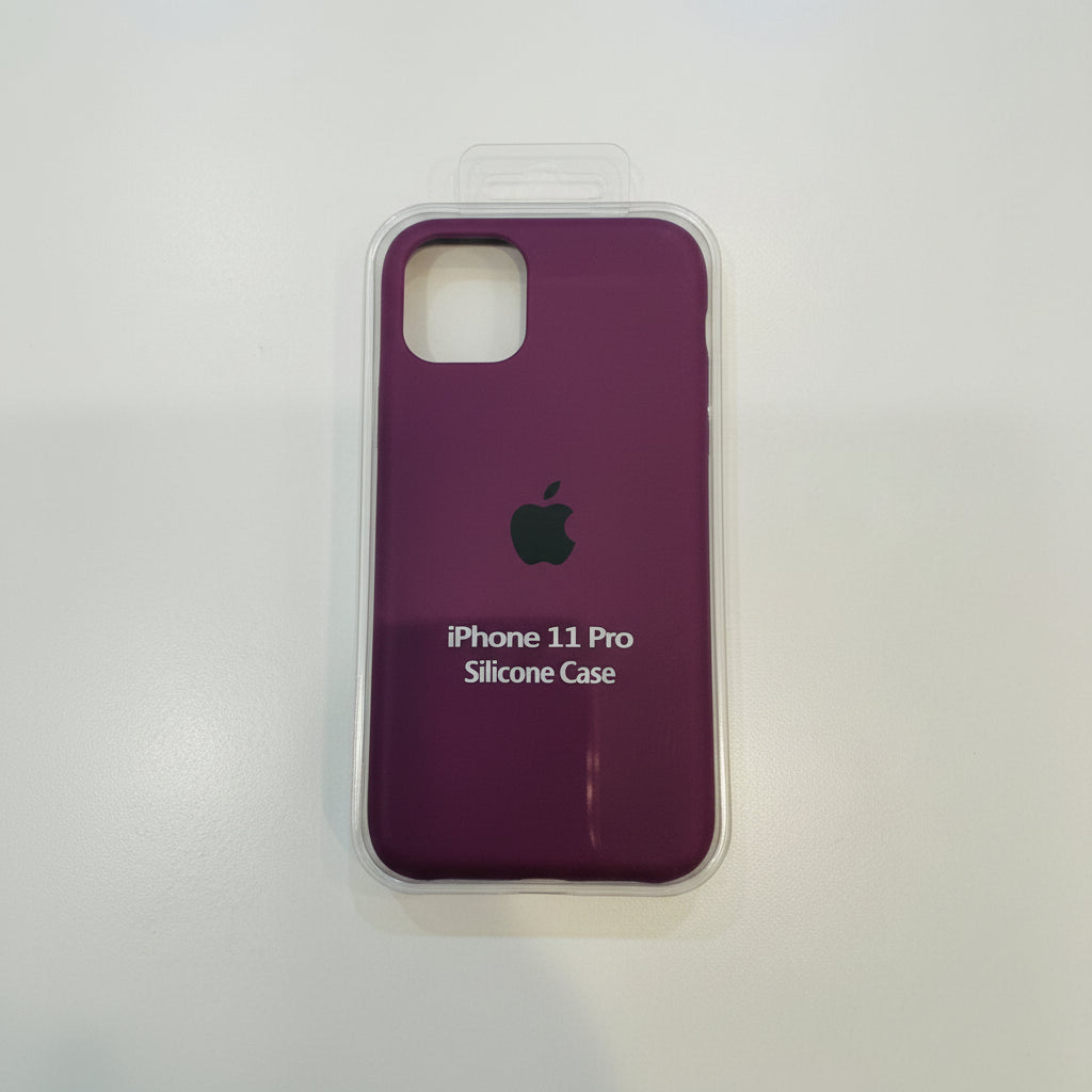 Purple silicone case for iPhone 11 Pro with Apple logo on a white background