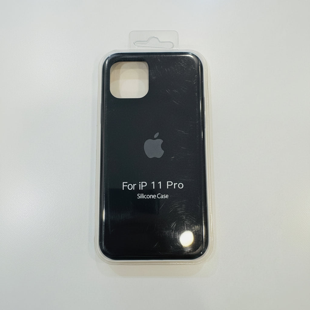 Black silicone case for iPhone 11 Pro in packaging on a white background