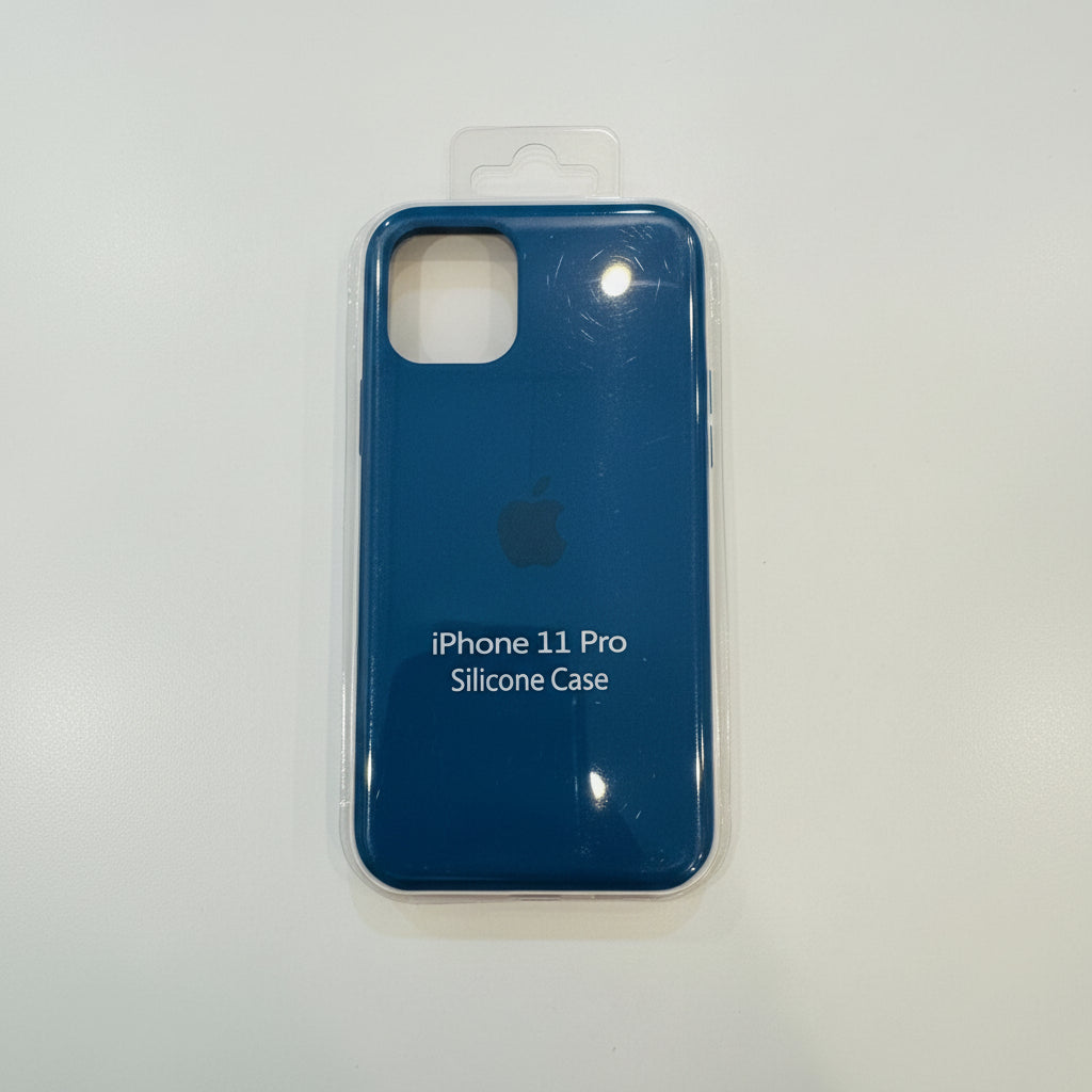 Blue silicone case for iPhone 11 Pro in packaging on a white background