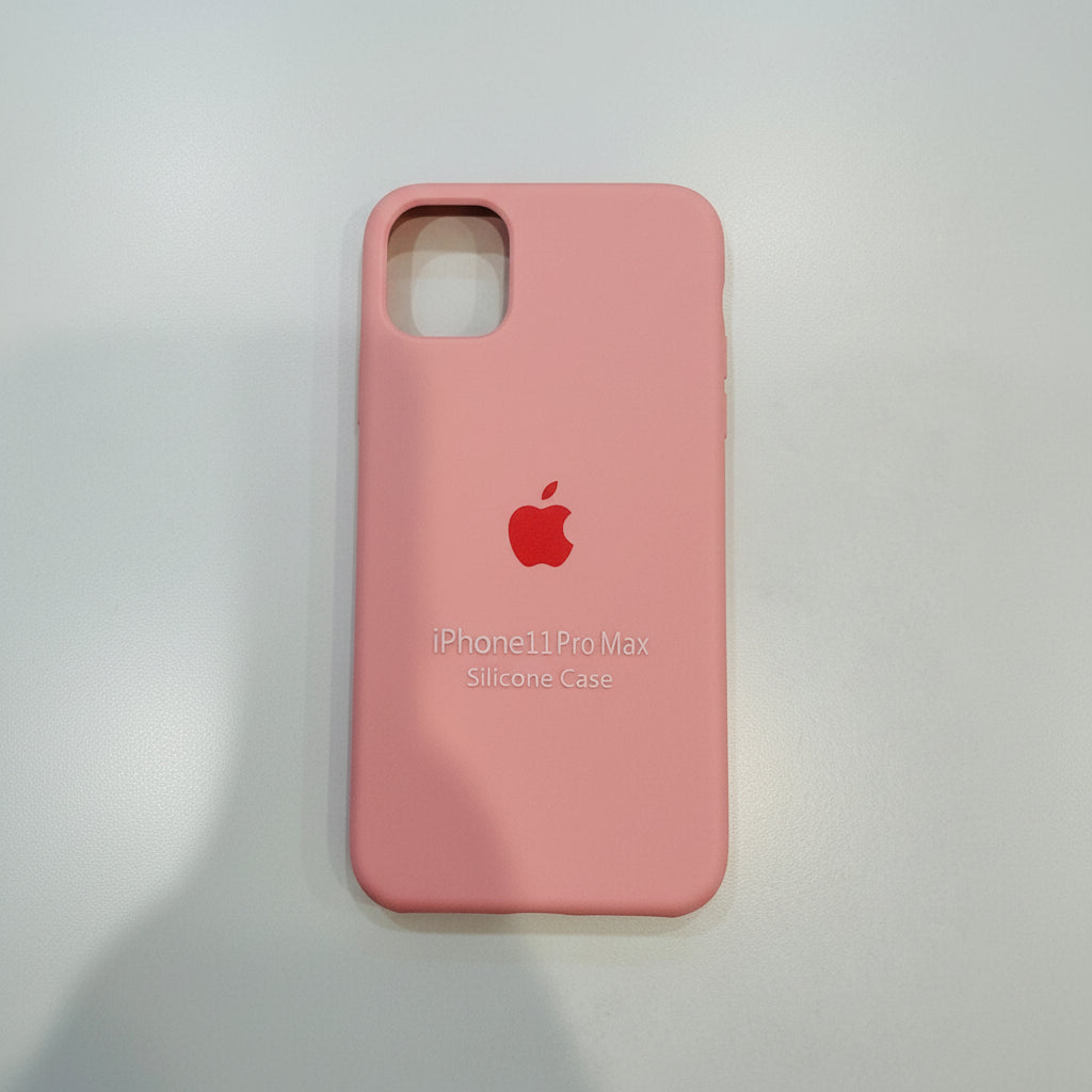 Pink silicone case for iPhone 11 Pro Max with Apple logo on a white background