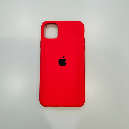 Red silicone case for iPhone 11 Pro Max with Apple logo on a white background