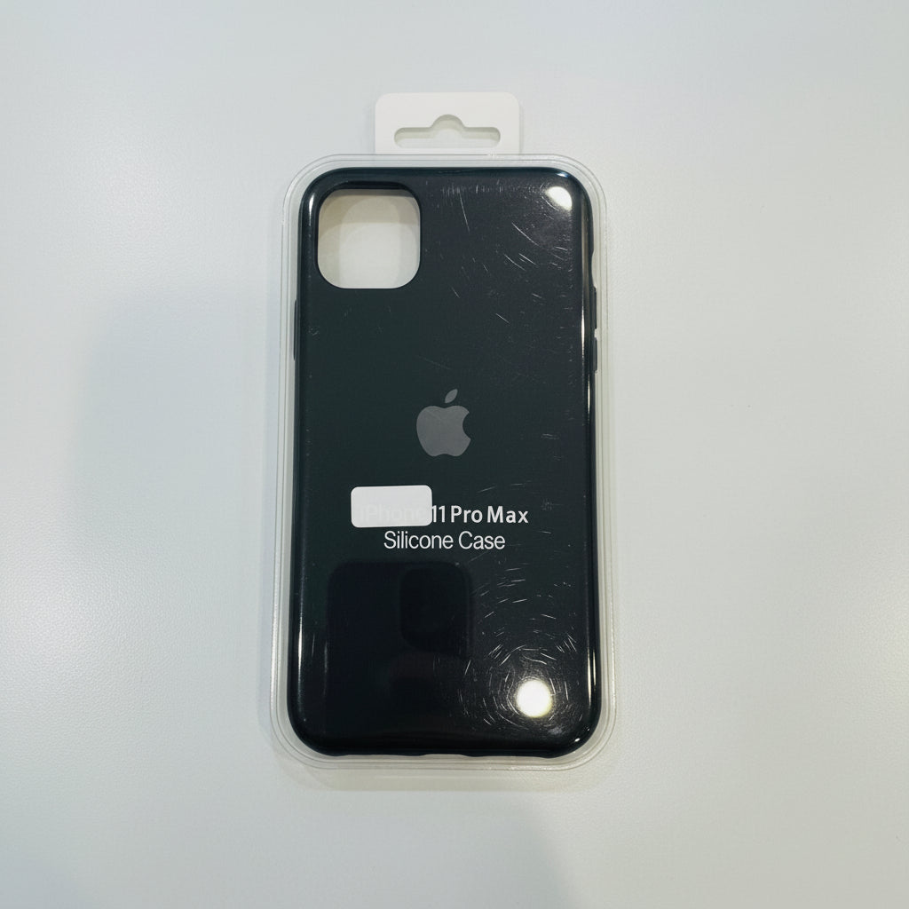 Black silicone case for iPhone 11 Pro Max with Apple logo on a white background