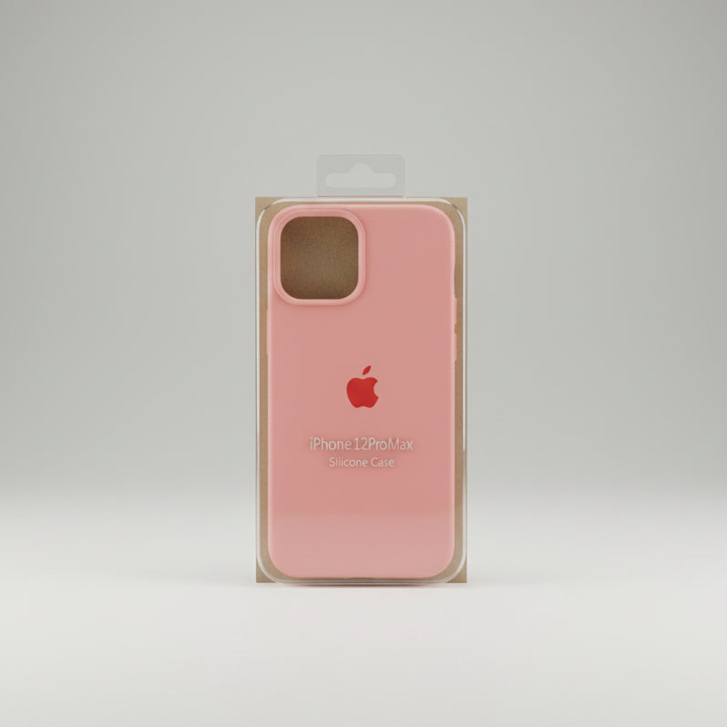 Pink silicone case for iPhone 12 Pro Max with Apple logo on a white background