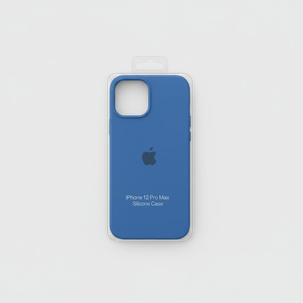 Blue silicone case for iPhone 12 Pro Max in packaging on a white background