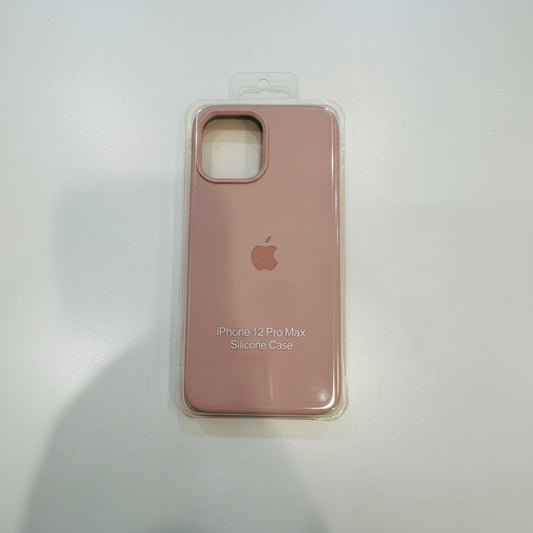 Pink silicone phone case for iPhone 12 Pro Max in packaging on a white background