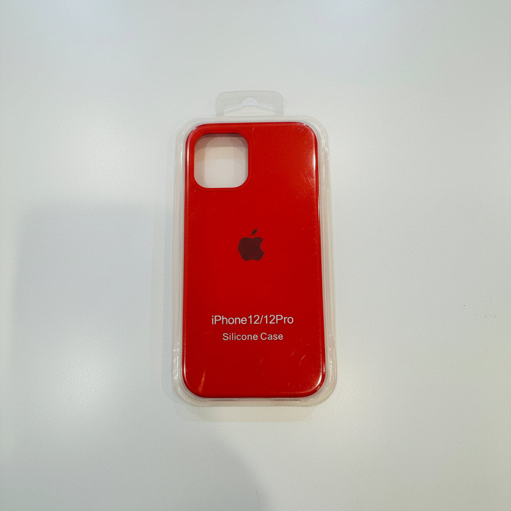 Red silicone case for iPhone 12/12 Pro with Apple logo on a white background
