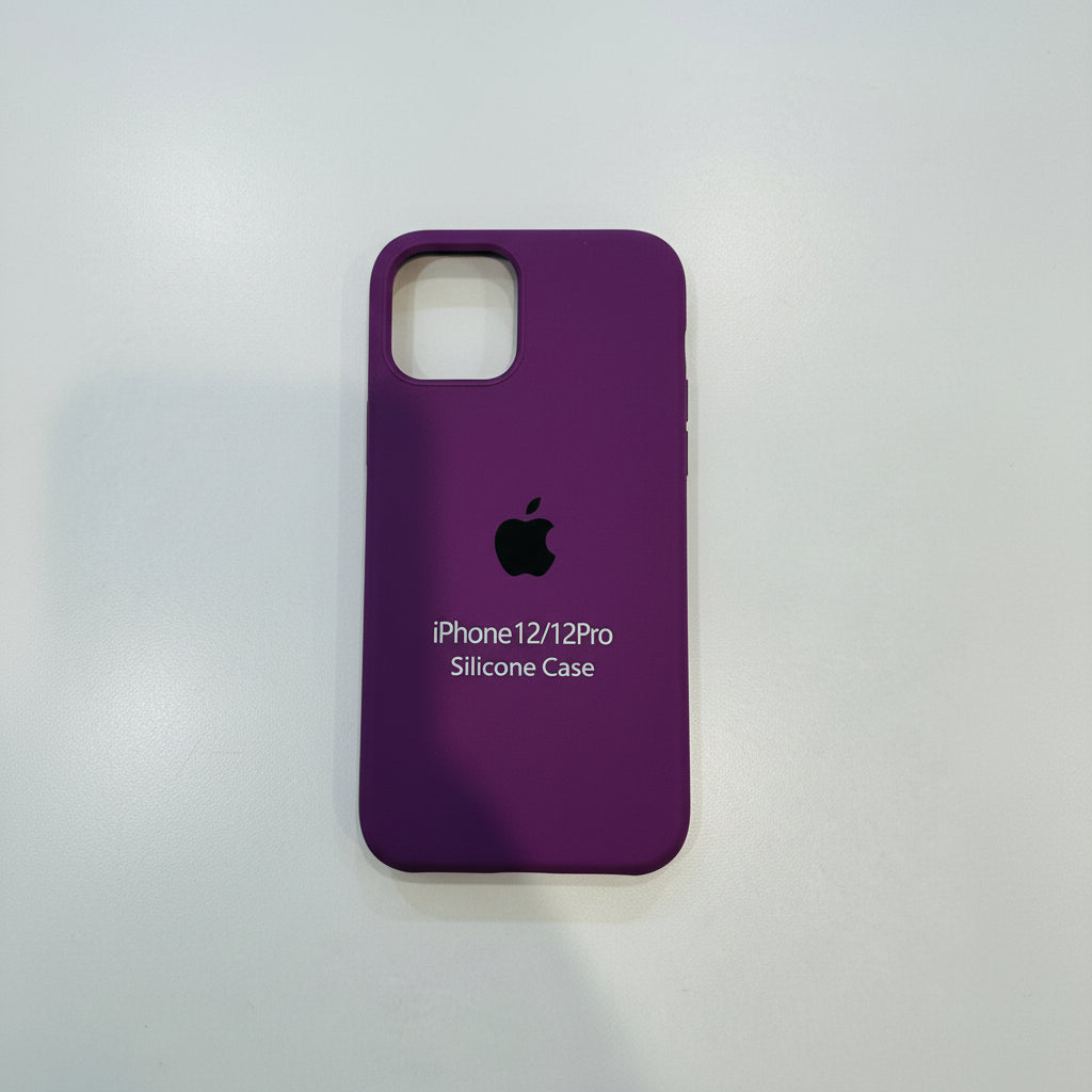Purple silicone case for iPhone 12/12 Pro with Apple logo on a white background