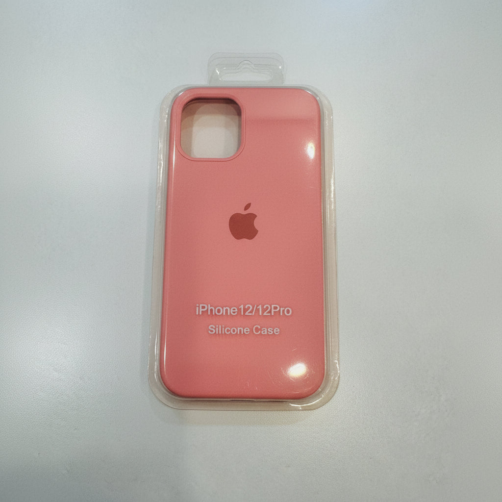 Pink silicone phone case with Apple logo in packaging on a light gray background