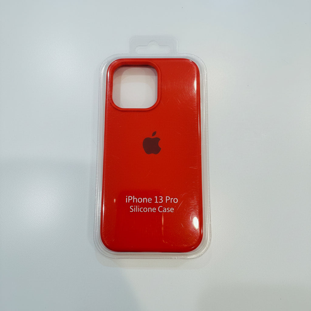 Red silicone case for iPhone 13 Pro with Apple logo on a white background