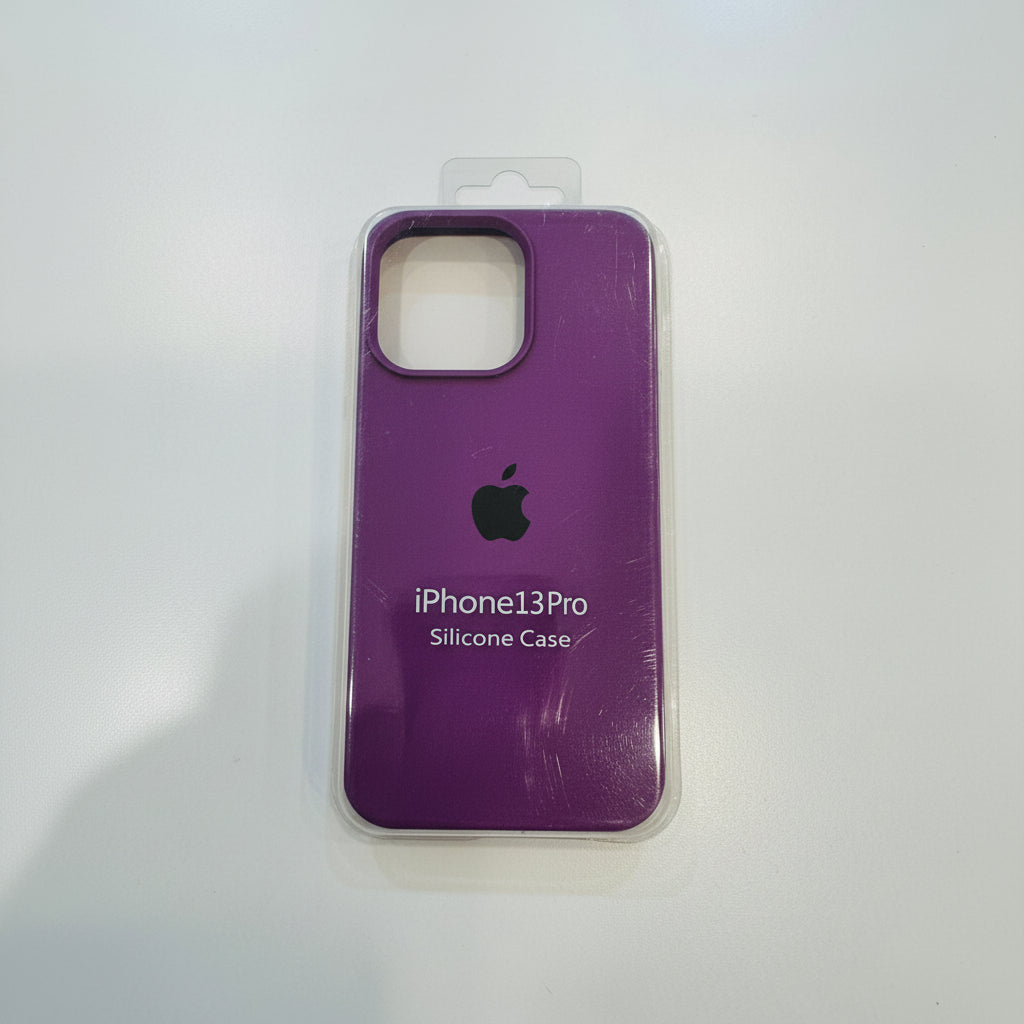 Purple silicone case for iPhone 13 Pro with Apple logo on a white background