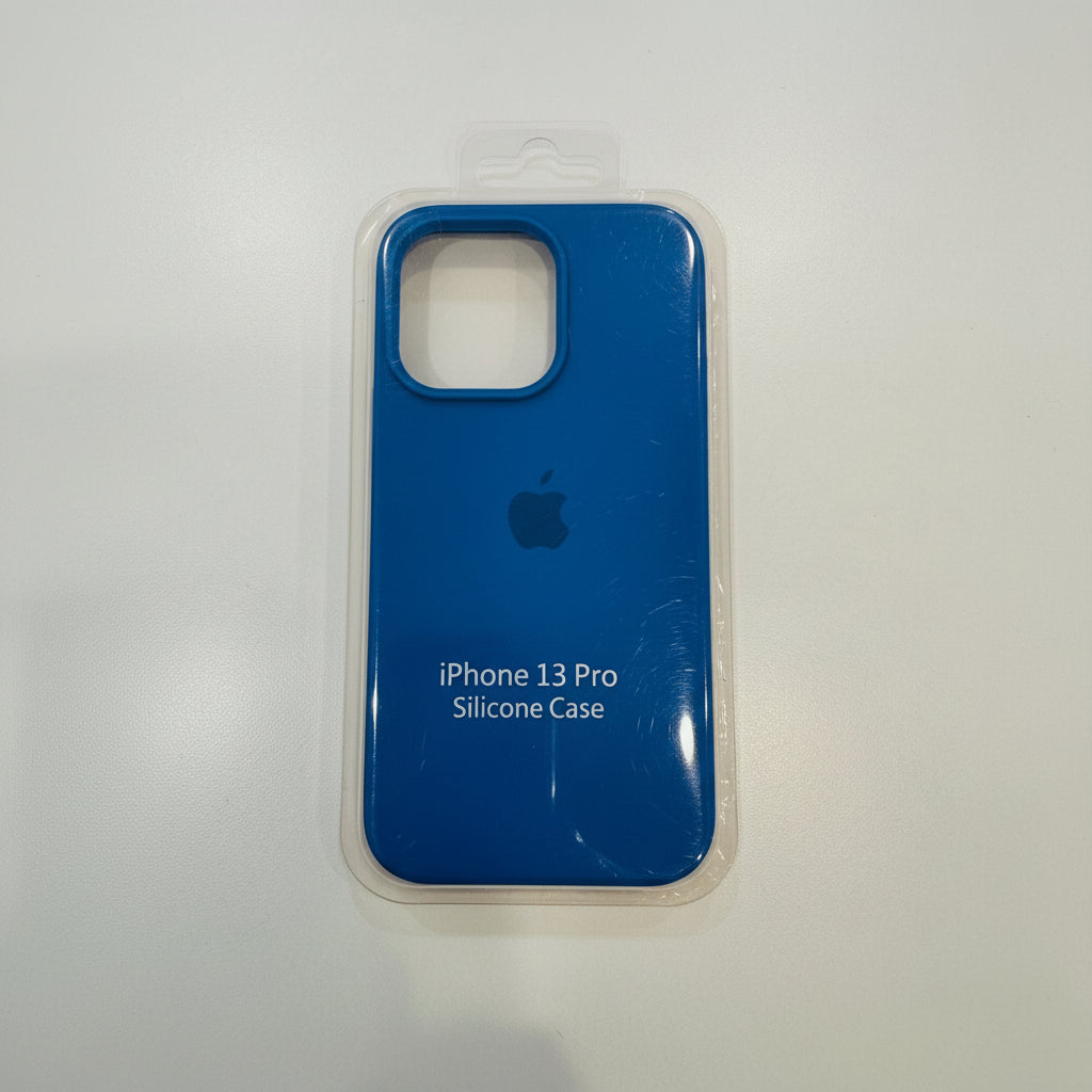 Blue silicone case for iPhone 13 Pro in packaging on a white background
