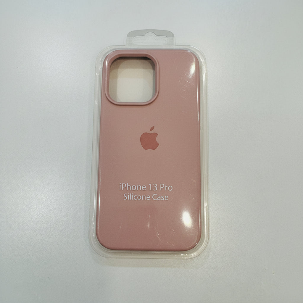 Pink silicone case for iPhone 13 Pro in packaging on a white background