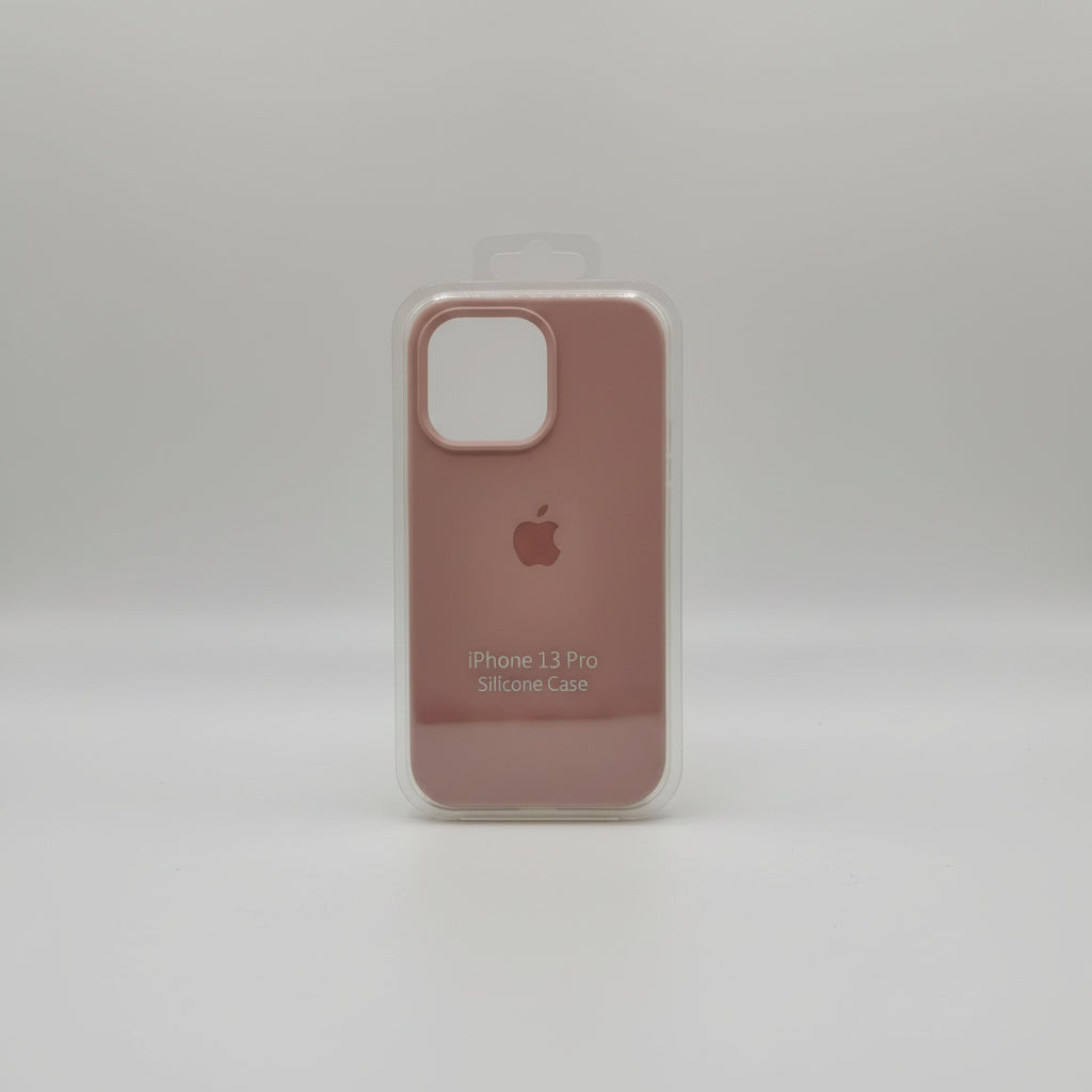 Pink silicone case for iPhone 13 Pro in packaging on a white background