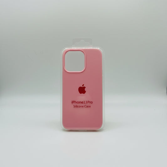 Pink silicone case for iPhone 13 Pro with Apple logo on a light gray background