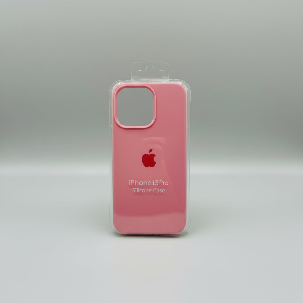Pink silicone case for iPhone 13 Pro with Apple logo on a light gray background