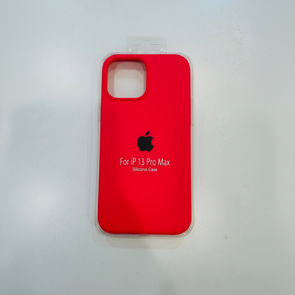 Red silicone case for iPhone 13 Pro Max on a light gray background