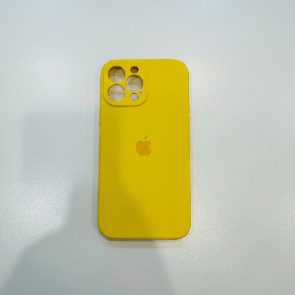Yellow silicone case for iPhone 13 Pro Max with Apple logo on a white background
