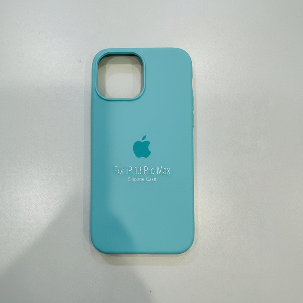 Turquoise phone case with Apple logo and text for iPhone 13 Pro Max on a white background