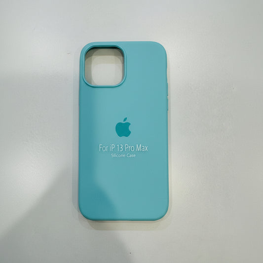 Turquoise phone case with Apple logo and text for iPhone 13 Pro Max on a white background