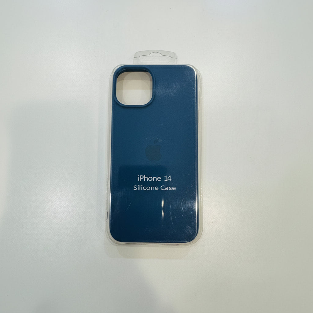 Blue silicone case for iPhone 14 in packaging on a white background