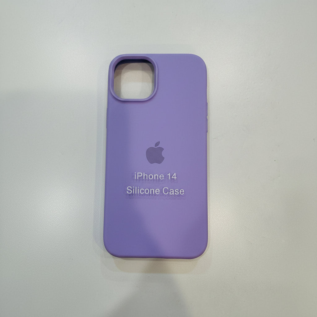 Purple silicone case for iPhone 14 with Apple logo on a light gray background