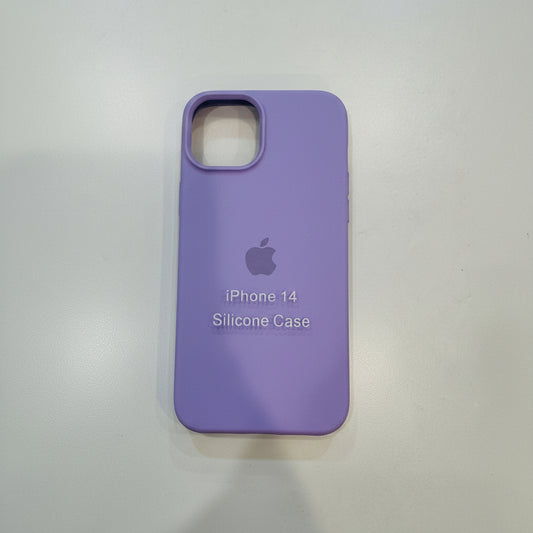 Purple silicone case for iPhone 14 with Apple logo on a light gray background