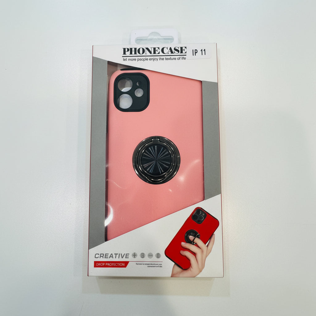 Phone case packaging with a pink case and black ring holder on a white background
