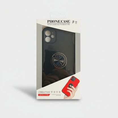 Phone case packaging with a black and red design on a white background