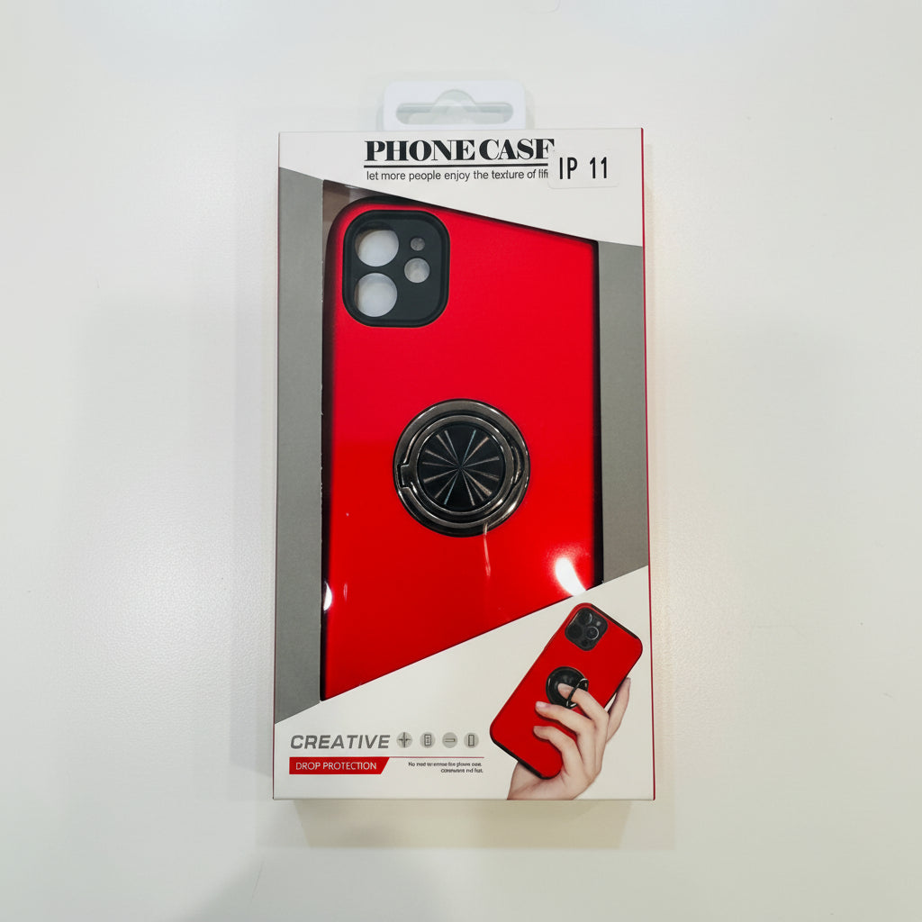 Red phone case with a black ring holder in packaging on a white background