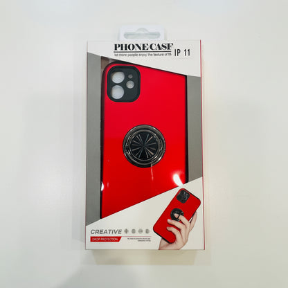 Red phone case with a black ring holder in packaging on a white background