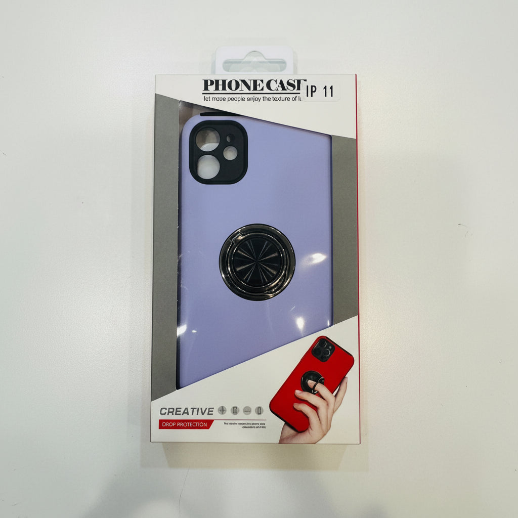 Phone case packaging with a purple case and black ring holder on a white background