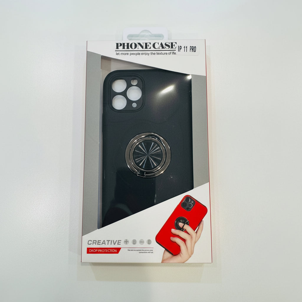 Phone case packaging with a black phone case and red phone case on a white background